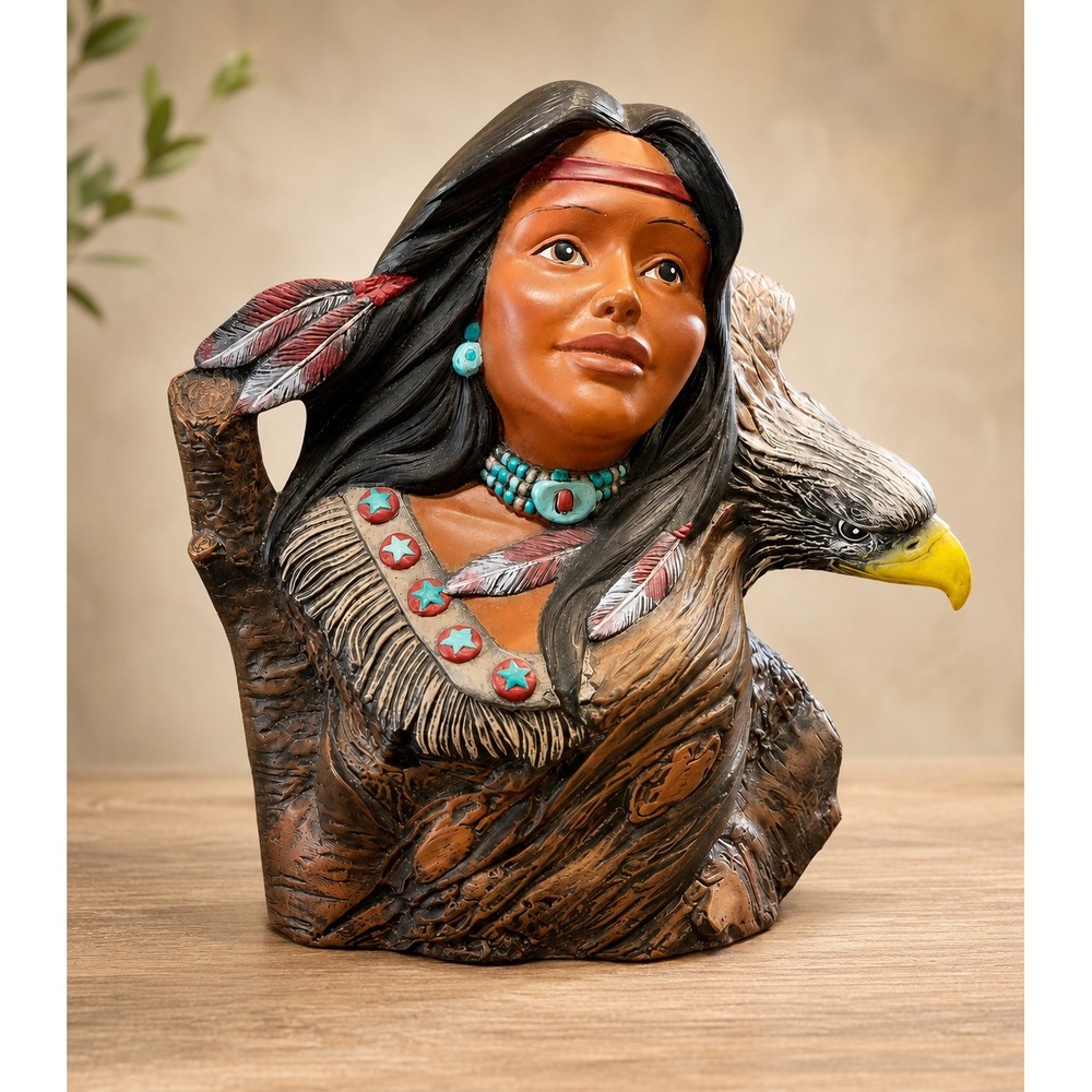 Vintage Hand Painted Chalkware Plaster Native American Woman Eagle Bust Statue